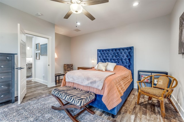 bedroom featuring recessed lighting, ceiling fan, baseboards, and wood finished floors