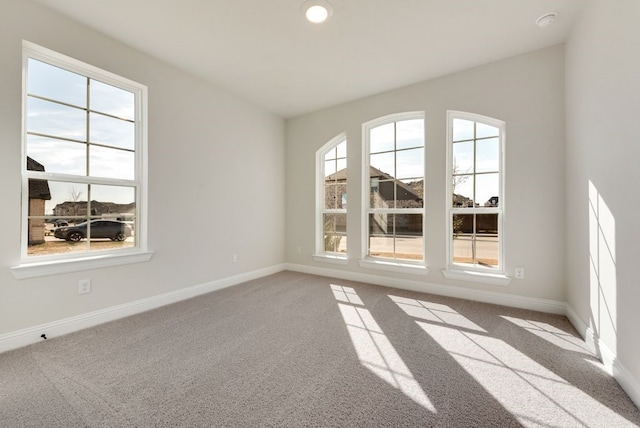 spare room with carpet flooring, plenty of natural light, and baseboards