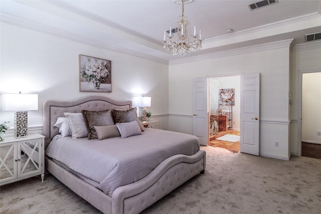 carpeted bedroom featuring crown molding, visible vents, a raised ceiling, and a notable chandelier