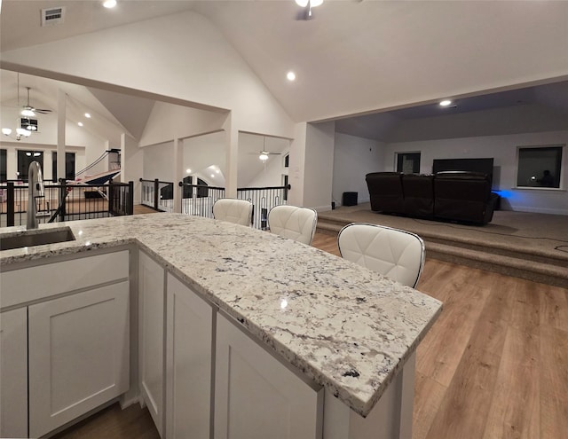 kitchen featuring open floor plan, a sink, visible vents, and a ceiling fan