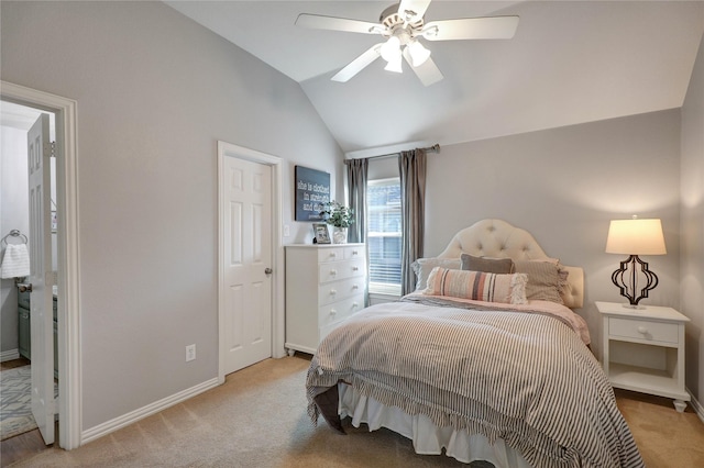 bedroom with lofted ceiling, baseboards, ceiling fan, and light colored carpet