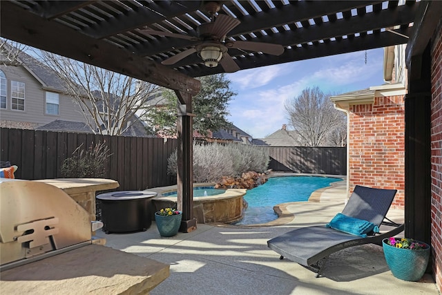 view of patio / terrace featuring a fenced in pool, a fenced backyard, a pergola, a ceiling fan, and an in ground hot tub