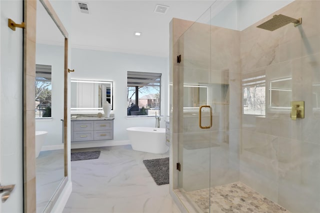 bathroom with vanity, visible vents, marble finish floor, ornamental molding, and a shower stall