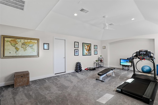 exercise room featuring lofted ceiling, carpet, visible vents, and baseboards