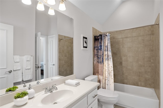 bathroom with lofted ceiling, toilet, vanity, and shower / tub combo with curtain