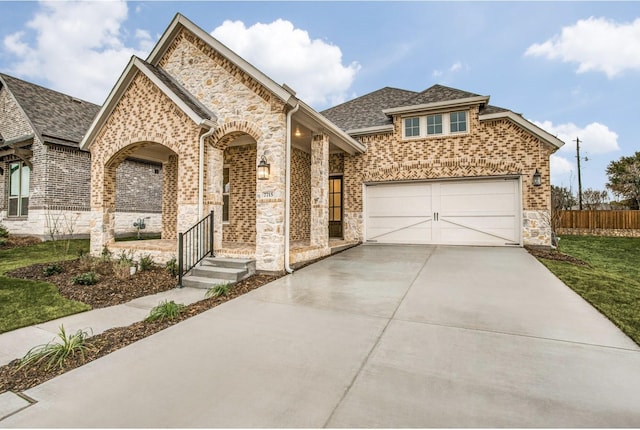 view of front of property featuring brick siding, fence, a garage, stone siding, and driveway