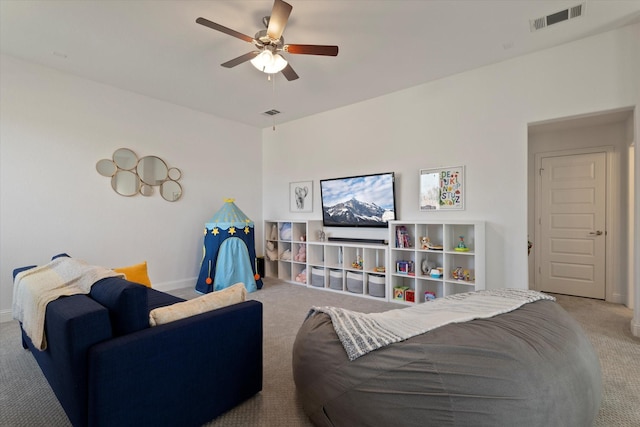 bedroom with carpet floors, ceiling fan, visible vents, and baseboards