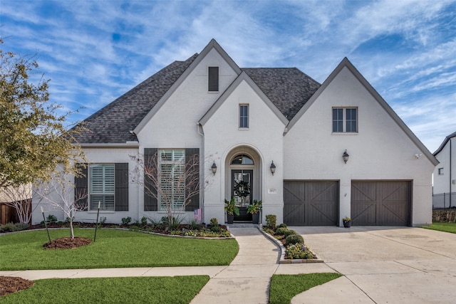 french provincial home with brick siding, a shingled roof, concrete driveway, a front yard, and a garage