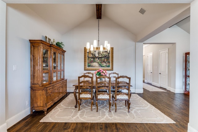 dining room featuring baseboards, visible vents, dark wood-style flooring, vaulted ceiling with beams, and an inviting chandelier