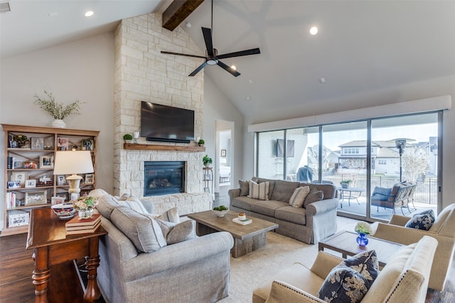 living room with wood finished floors, a fireplace, high vaulted ceiling, beam ceiling, and recessed lighting