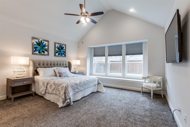 carpeted bedroom featuring ceiling fan, high vaulted ceiling, and baseboards