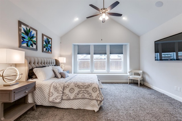 bedroom featuring high vaulted ceiling, carpet, baseboards, and ceiling fan