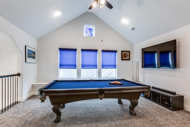 game room with carpet floors, pool table, visible vents, a ceiling fan, and vaulted ceiling