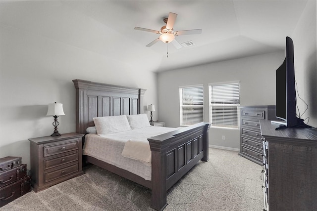 bedroom with ceiling fan, baseboards, visible vents, and light colored carpet