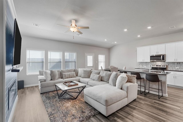 living area featuring plenty of natural light, wood finished floors, and visible vents