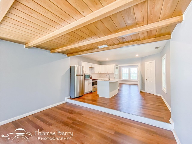 kitchen featuring baseboards, white cabinets, beamed ceiling, stainless steel appliances, and light wood-style floors