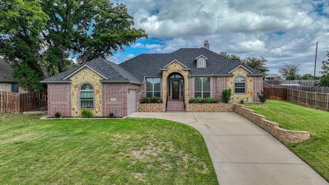 view of front of property with brick siding, a front lawn, and fence