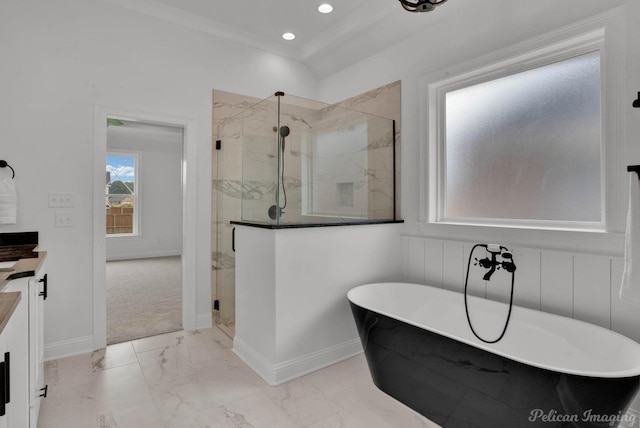 full bathroom featuring vanity, marble finish floor, baseboards, a soaking tub, and a stall shower