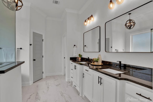 bathroom with a sink, crown molding, double vanity, and marble finish floor