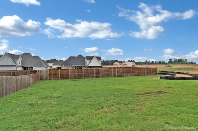 view of yard featuring a fenced backyard and a residential view
