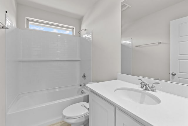 full bathroom with visible vents, shower / tub combination, vanity, and toilet