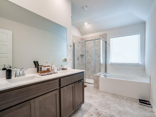 full bathroom with a bath, a sink, visible vents, and a shower stall