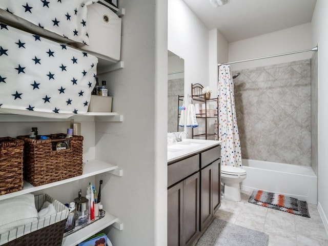 bathroom featuring toilet, tile patterned floors, shower / bath combination with curtain, and vanity