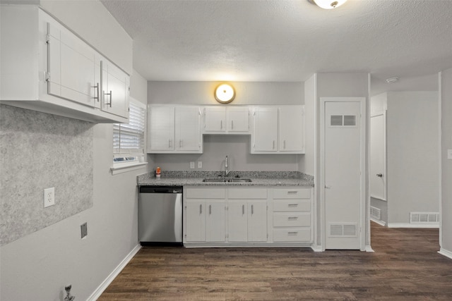 kitchen featuring stainless steel dishwasher, a sink, visible vents, and white cabinets