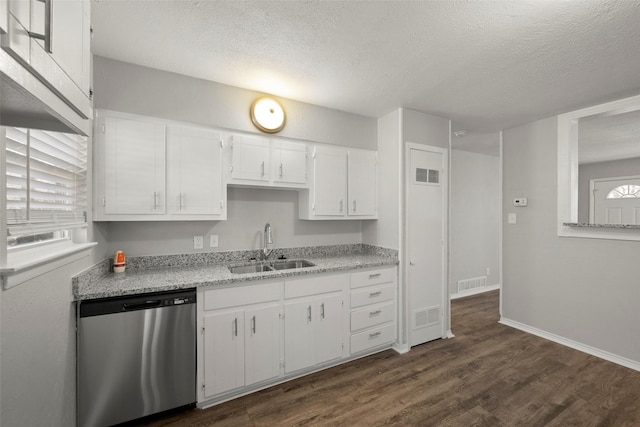 kitchen with a sink, visible vents, white cabinets, and dishwasher