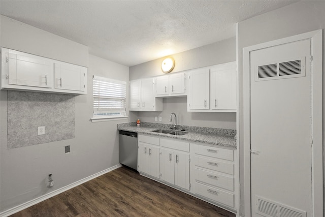 kitchen with visible vents, dark wood-type flooring, stainless steel dishwasher, white cabinetry, and a sink