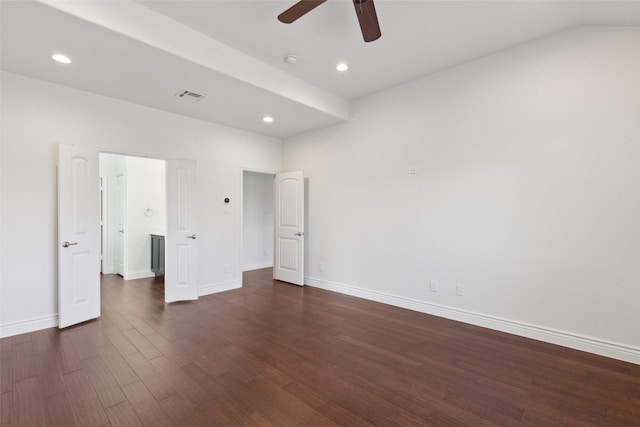 unfurnished bedroom with recessed lighting, visible vents, dark wood-type flooring, a ceiling fan, and baseboards