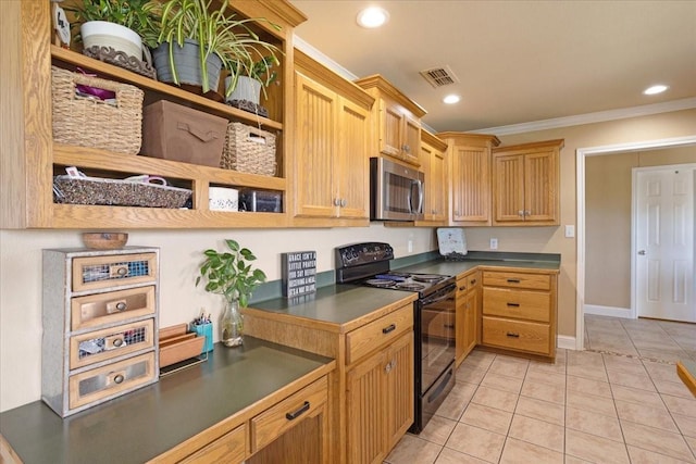 kitchen featuring light tile patterned floors, black range with electric cooktop, ornamental molding, stainless steel microwave, and dark countertops