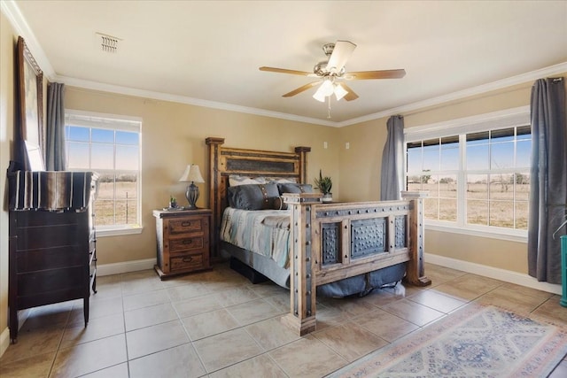 bedroom featuring light tile patterned floors, baseboards, visible vents, ceiling fan, and crown molding