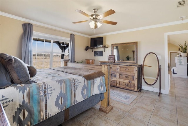 bedroom with ornamental molding, light tile patterned flooring, and visible vents