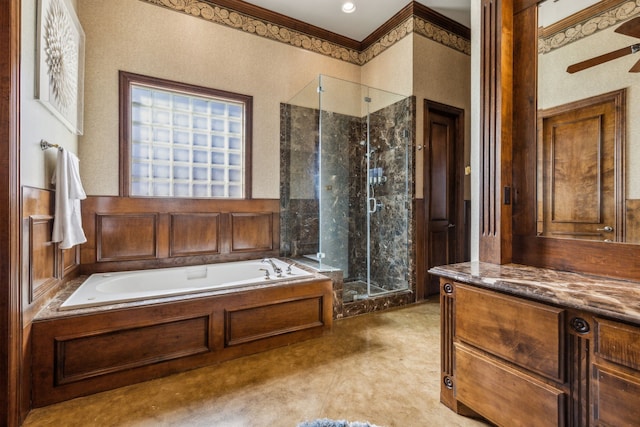 full bathroom featuring a bath, a shower stall, and crown molding