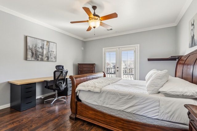 bedroom featuring wood finished floors, baseboards, ornamental molding, french doors, and access to outside