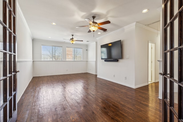 unfurnished living room featuring attic access, recessed lighting, crown molding, and dark wood-style flooring