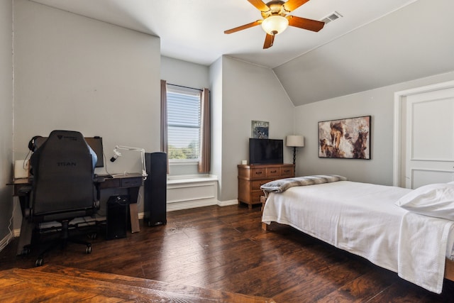 bedroom with visible vents, lofted ceiling, a ceiling fan, and hardwood / wood-style flooring