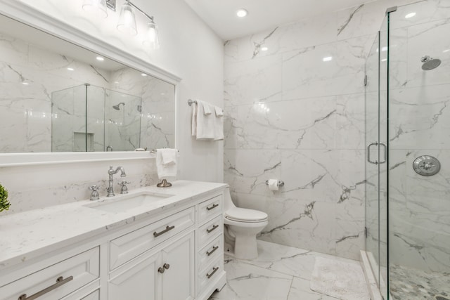 full bathroom with a marble finish shower, toilet, recessed lighting, marble finish floor, and vanity