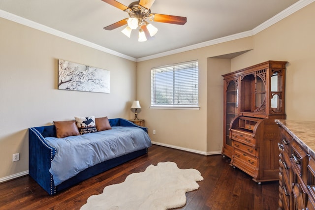 bedroom with baseboards, wood-type flooring, and crown molding