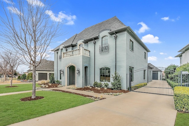 french country style house with a balcony, driveway, a gate, and a front lawn