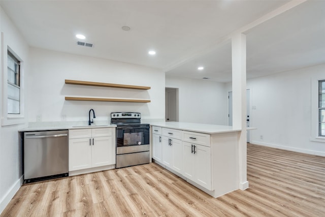 kitchen with range with electric cooktop, a peninsula, stainless steel dishwasher, open shelves, and a sink