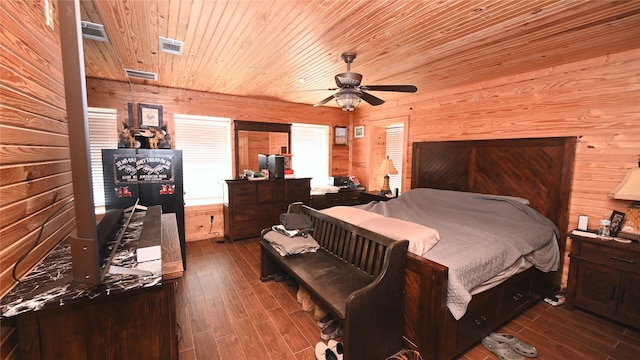 bedroom with wooden ceiling, dark wood finished floors, visible vents, and wooden walls