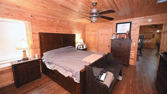 bedroom featuring dark wood-type flooring, wooden ceiling, wood walls, and ceiling fan