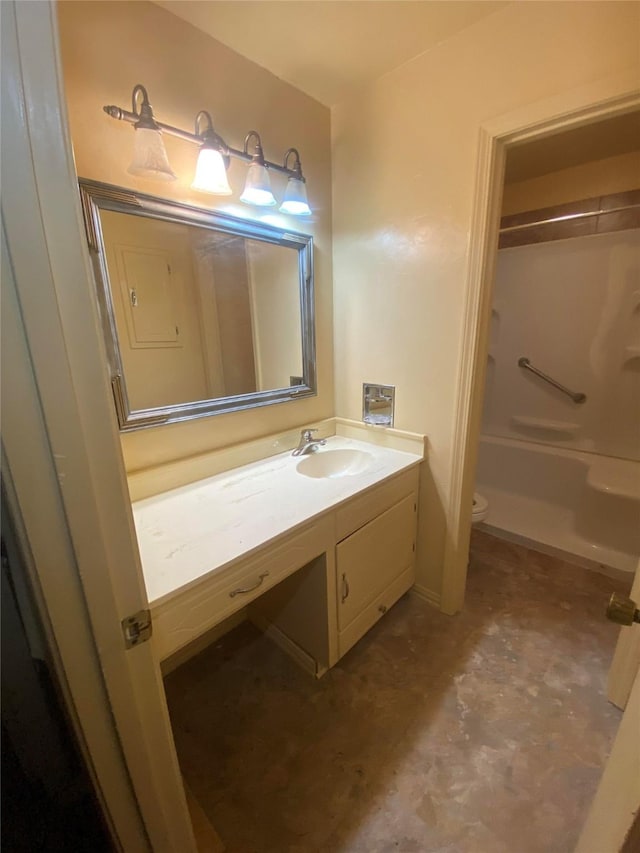 full bathroom with tub / shower combination, vanity, and toilet