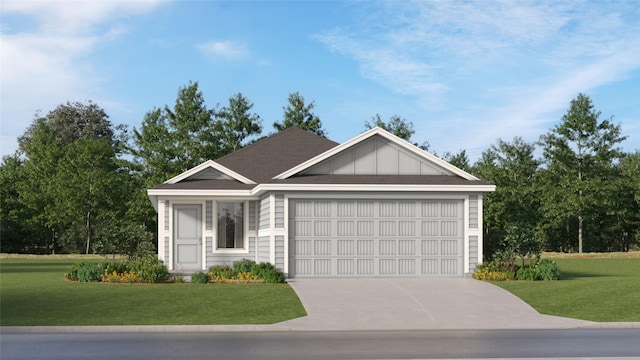 view of front facade with board and batten siding, a garage, driveway, and a front lawn