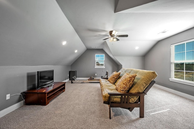 carpeted living room with baseboards, vaulted ceiling, a ceiling fan, and recessed lighting