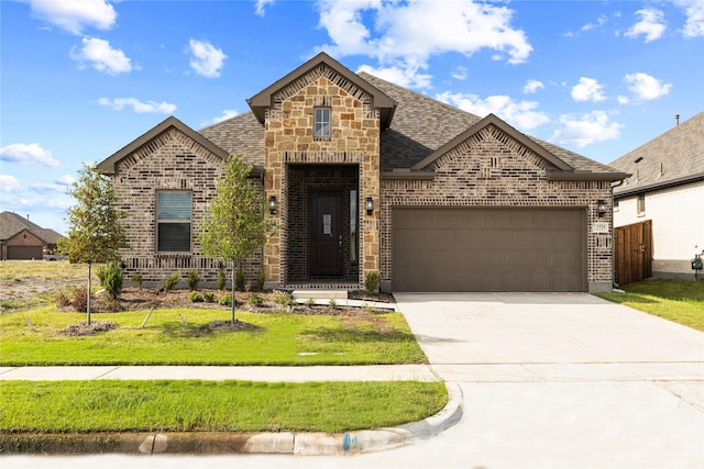 french provincial home with driveway, brick siding, roof with shingles, and an attached garage