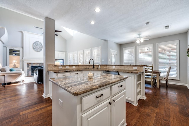 kitchen featuring ceiling fan, a kitchen island, a sink, and visible vents