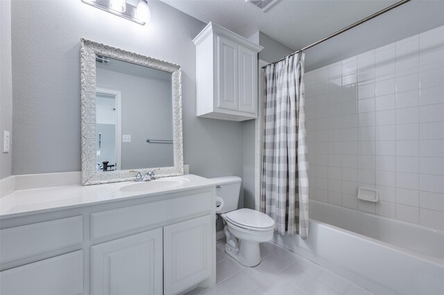 bathroom featuring visible vents, toilet, tile patterned floors, shower / bathtub combination with curtain, and vanity